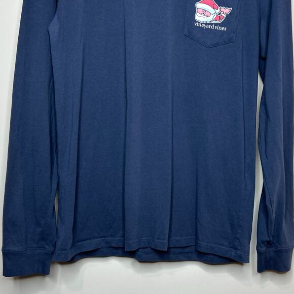 Vineyard Vines Blue Pocket T-Shirt Size S Long Sleeves Santa Merry Christmas - Picture 4 of 9
